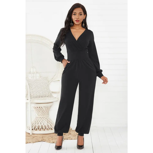 Gathered Detail Surplice Lantern Sleeve Jumpsuit - CM