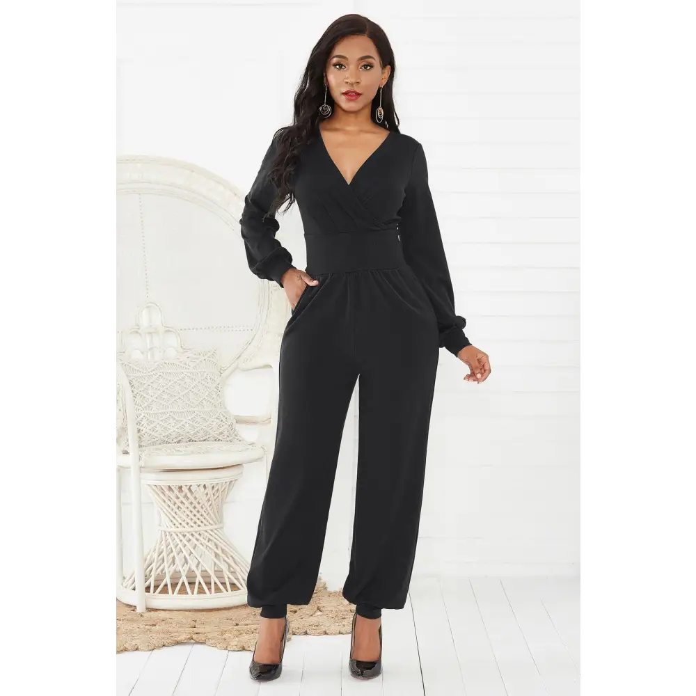 Gathered Detail Surplice Lantern Sleeve Jumpsuit