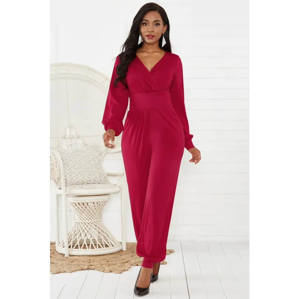 Gathered Detail Surplice Lantern Sleeve Jumpsuit