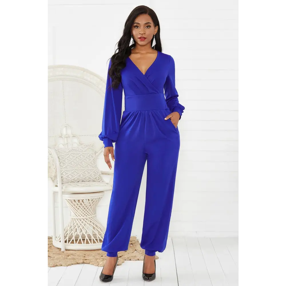 Gathered Detail Surplice Lantern Sleeve Jumpsuit