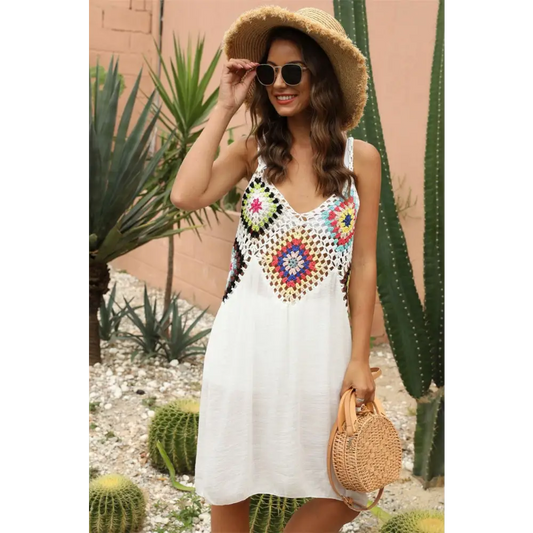 Geometric V-Neck Spaghetti Strap Cover Up Dress - CM Fashion