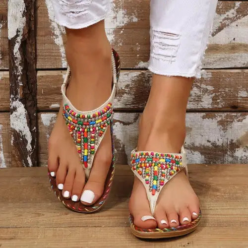 PU Leather Beaded Flat Sandals - CM Fashion