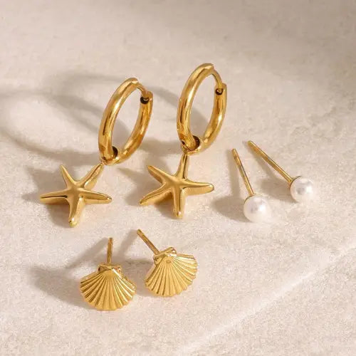 Glamorous Gold 18K Starfish Shell Pearl Design High-End Earrings