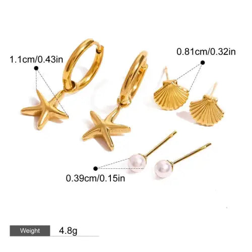 Glamorous Gold 18K Starfish Shell Pearl Design High-End Earrings