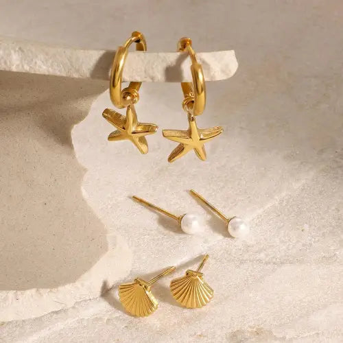 Glamorous Gold 18K Starfish Shell Pearl Design High-End Earrings