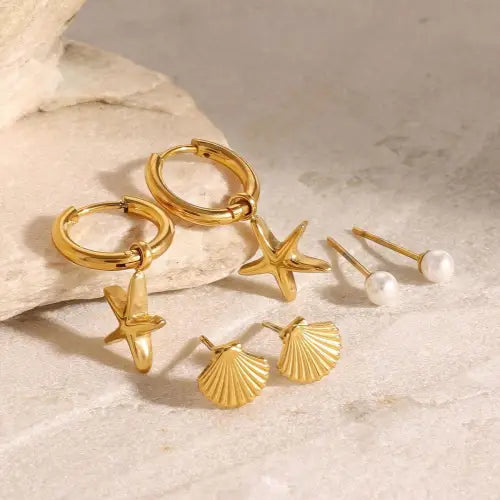 Glamorous Gold 18K Starfish Shell Pearl Design High-End Earrings