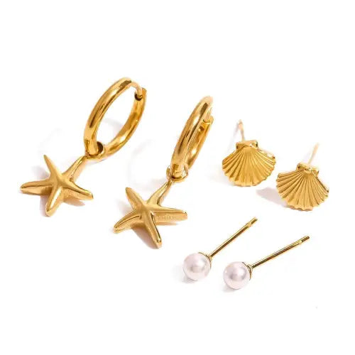 Glamorous Gold 18K Starfish Shell Pearl Design High-End Earrings