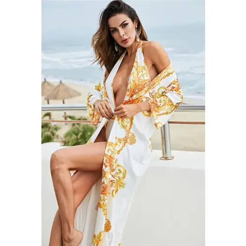 Printed Plunge Halter Neck Swimwear and Cardigan Set - CM Fashion