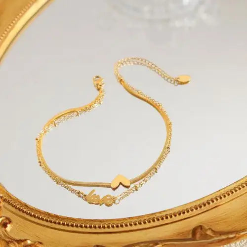 Exquisite Gold 18K Anklet with Double-Layer Heart and Love Charms