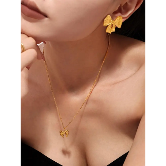 Gold-Plated 18K Stainless Steel Bow Earrings and Necklace Set - CM Fashion