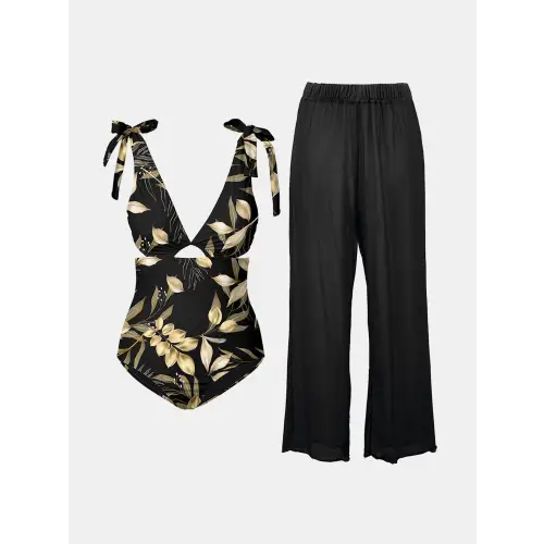 FAM-FAM Cutout Tied Bodysuit and Pants Swim Set - CM Fashion