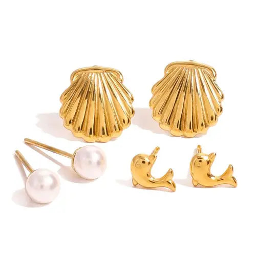 Gorgeous 18K Shell-Shaped Dolphin-Shaped Pearl-Inlaid Ocean Earrings