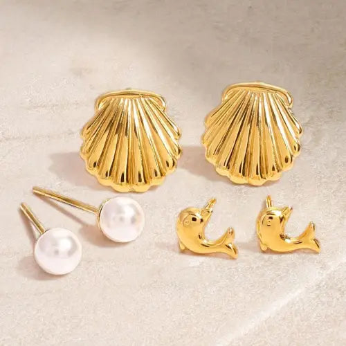 Gorgeous 18K Shell-Shaped Dolphin-Shaped Pearl-Inlaid Ocean Earrings