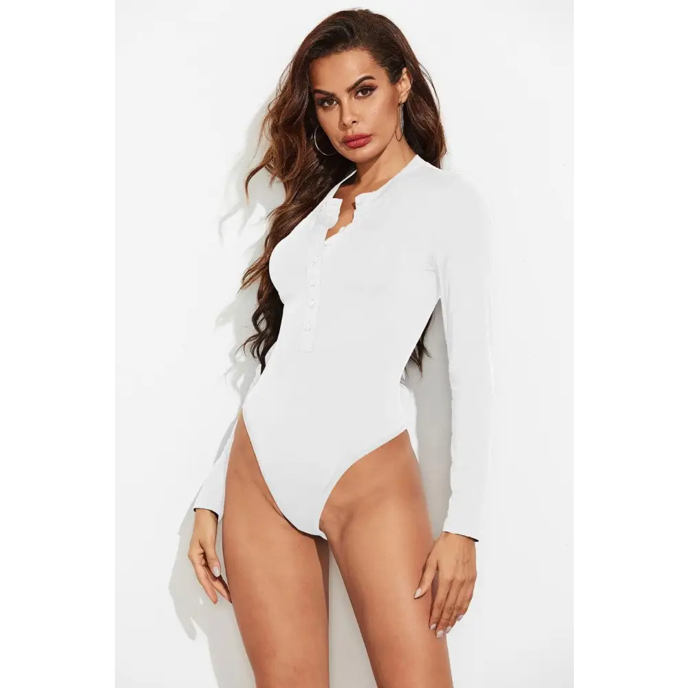 Half Button Round Neck Long Sleeve Bodysuit