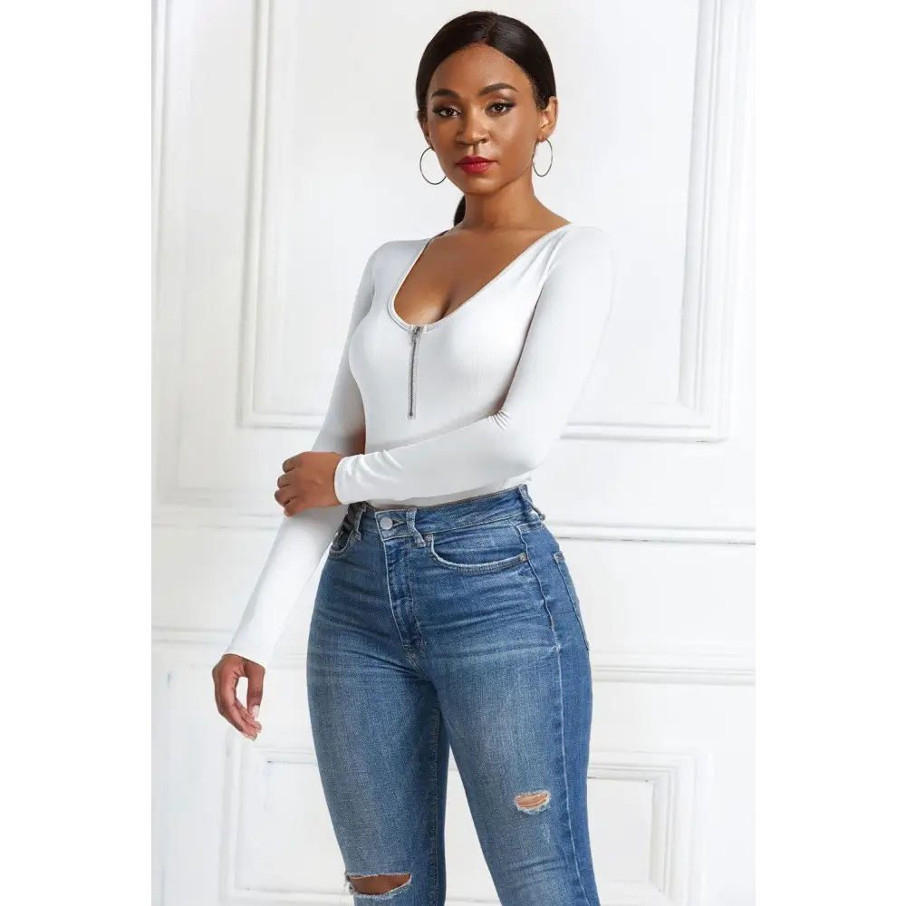 Half Zip Scoop Neck Long Sleeve Bodysuit