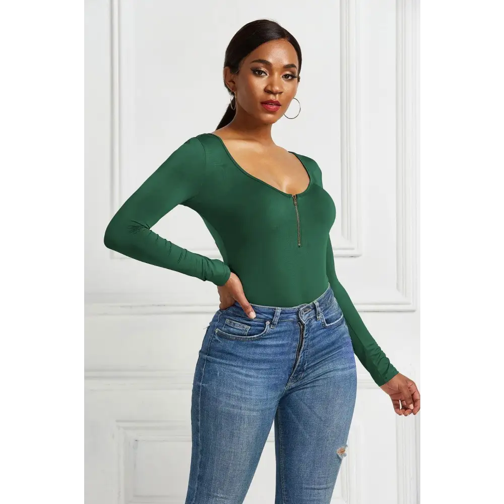 Half Zip Scoop Neck Long Sleeve Bodysuit