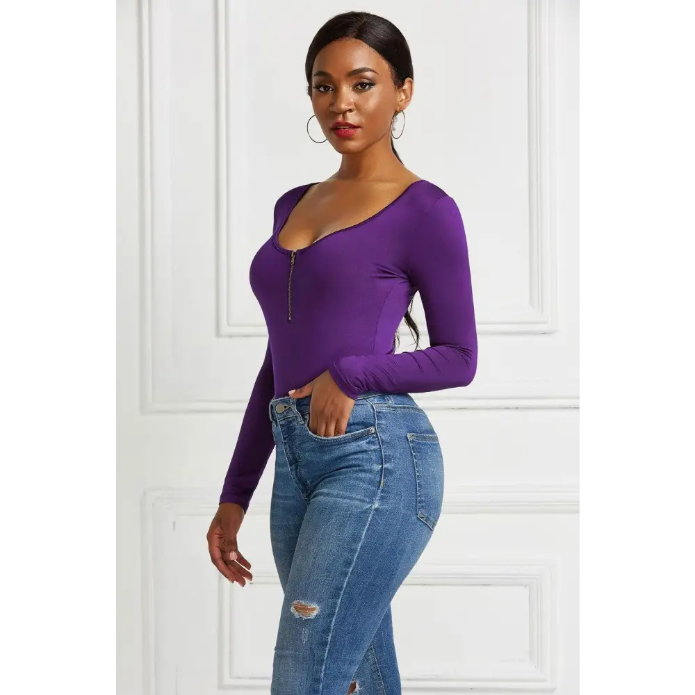 Half Zip Scoop Neck Long Sleeve Bodysuit