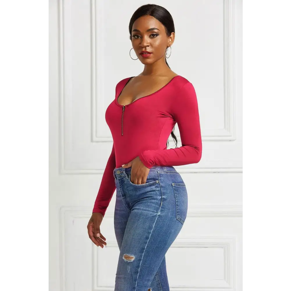 Half Zip Scoop Neck Long Sleeve Bodysuit