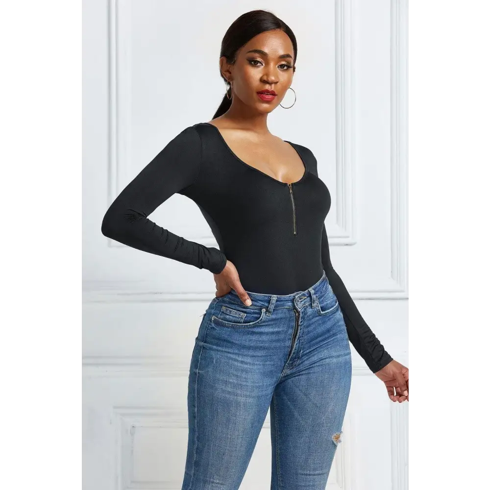 Half Zip Scoop Neck Long Sleeve Bodysuit