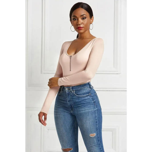 Half Zip Scoop Neck Long Sleeve Bodysuit - CM Fashion