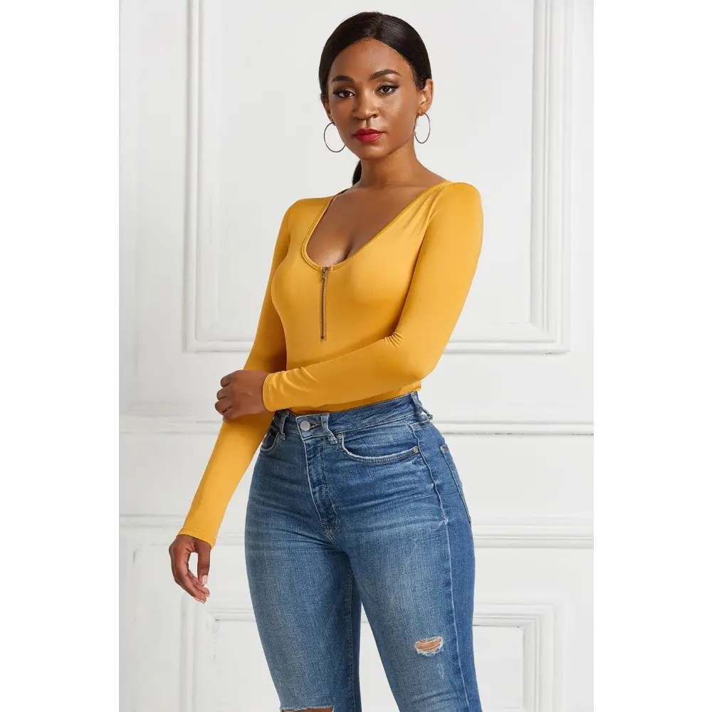 Half Zip Scoop Neck Long Sleeve Bodysuit