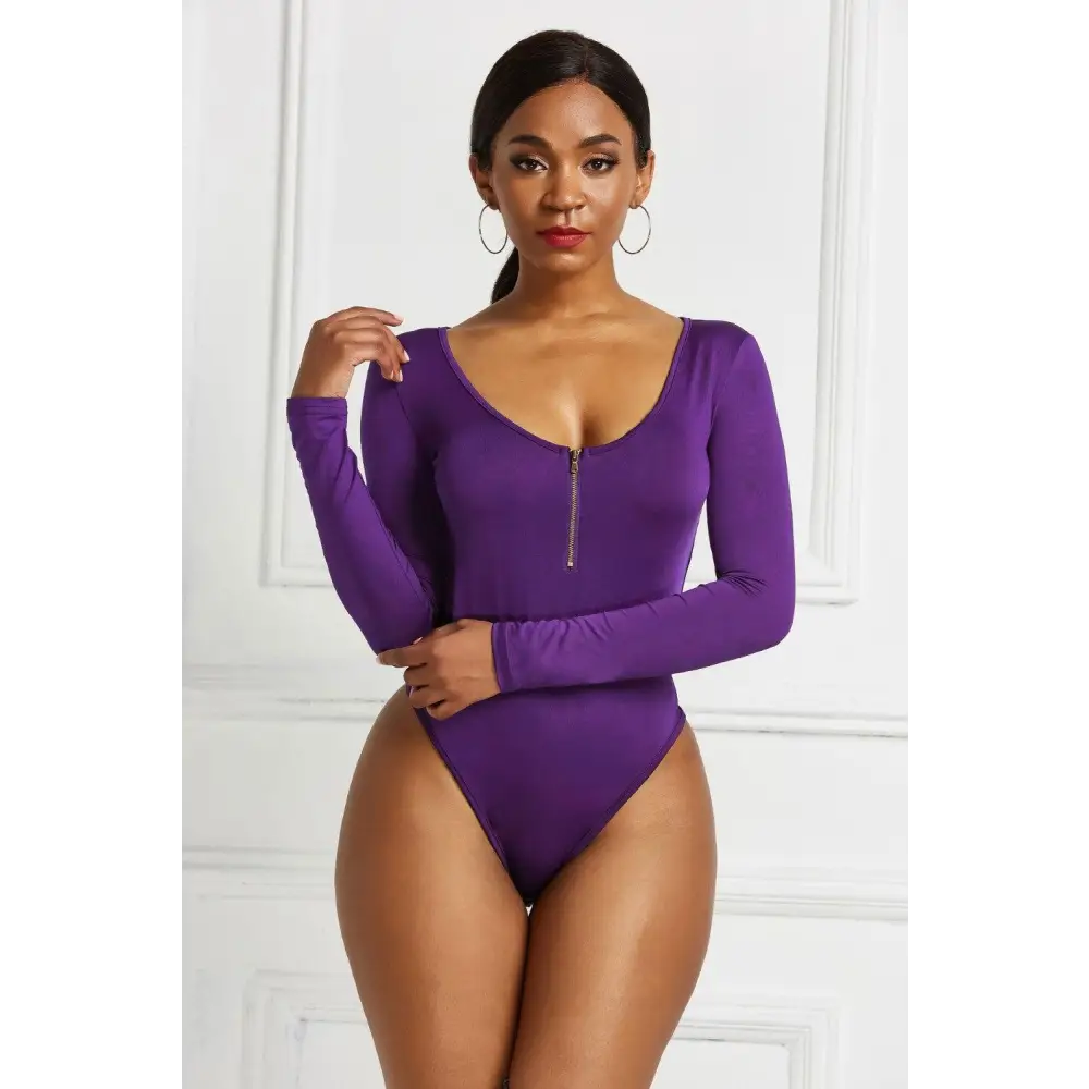 Half Zip Scoop Neck Long Sleeve Bodysuit