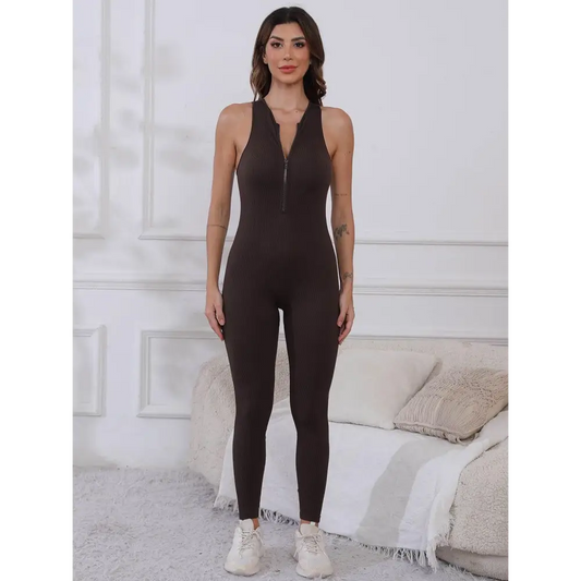 Half Zip Wide Strap Active Jumpsuit - Coffee Brown / S - CynthiaMonica CM