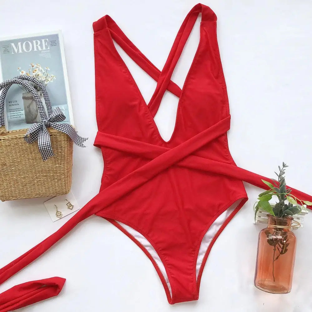 Sizzling Pink Halter Neck Deep V Tied One-Piece Swimsuit