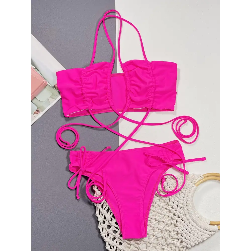 Sizzling Hot Pink Halter Neck Drawstring Bikini with Adjustable Cup Height