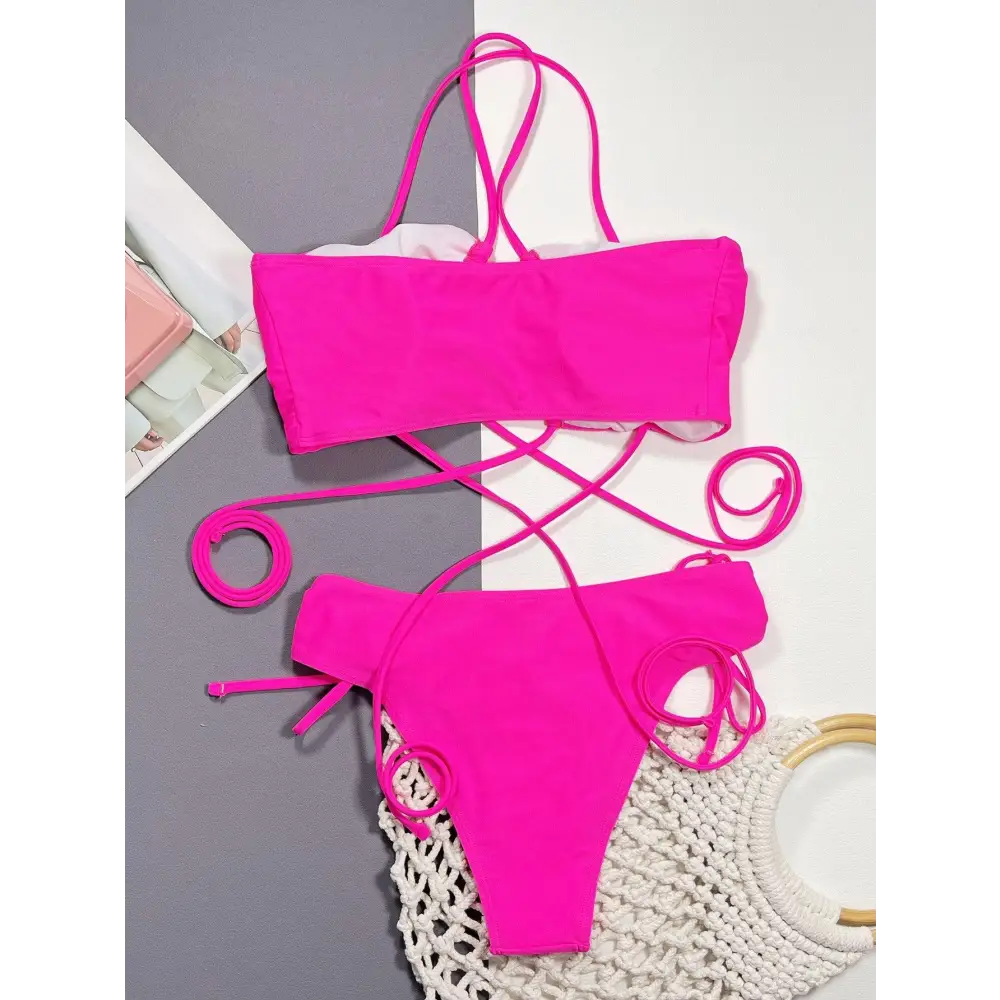 Sizzling Hot Pink Halter Neck Drawstring Bikini with Adjustable Cup Height