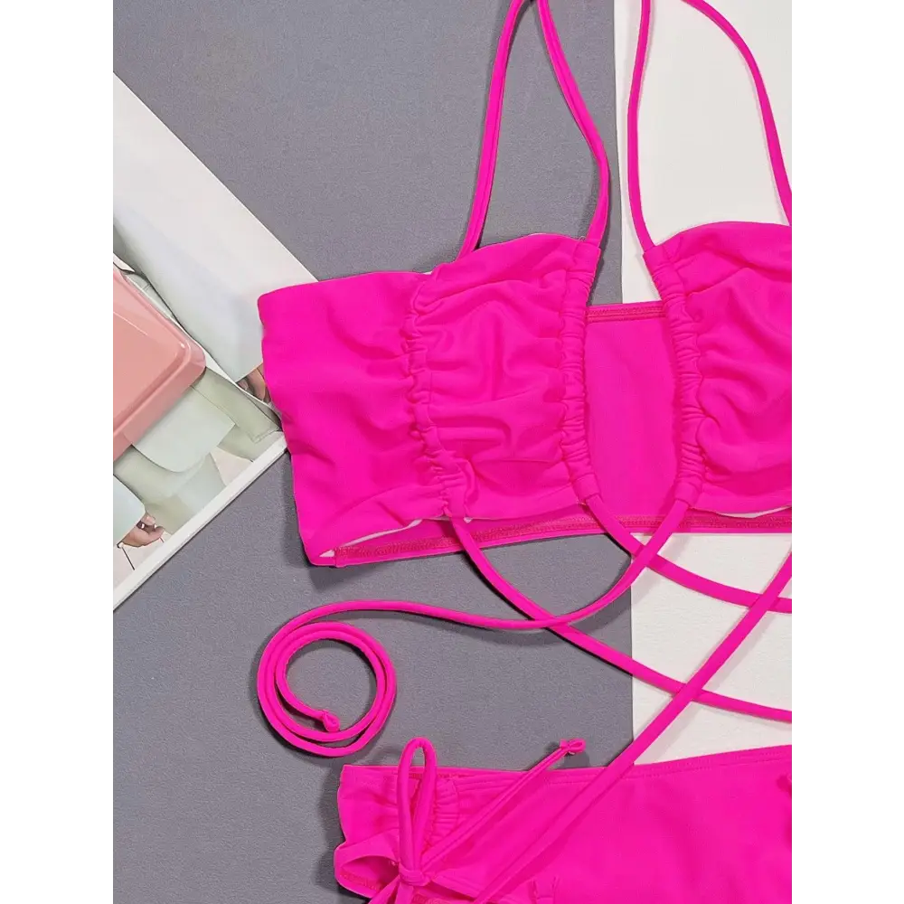 Sizzling Hot Pink Halter Neck Drawstring Bikini with Adjustable Cup Height