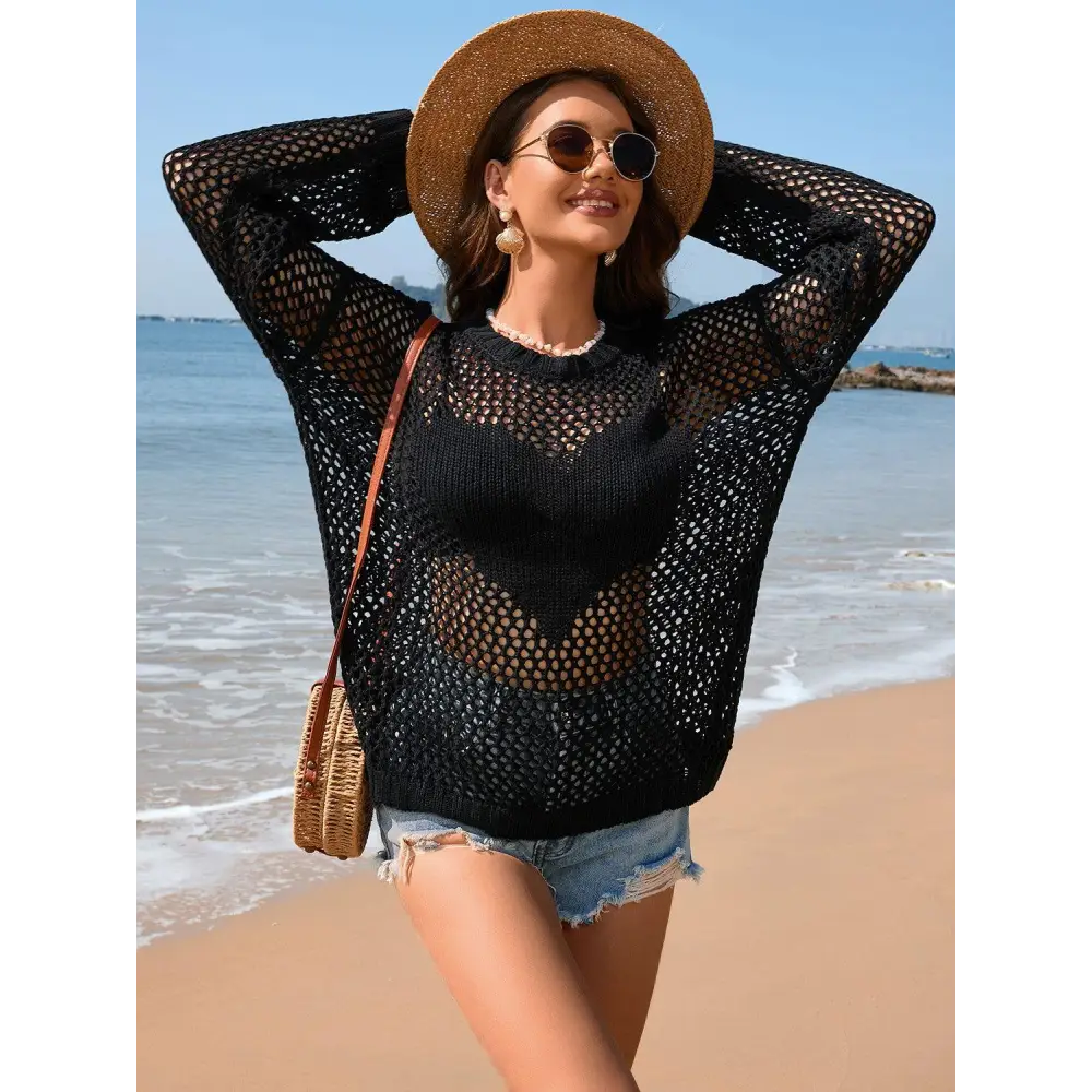 Flirty Heart Openwork Long Sleeve Cover-Up for Beach Glamour