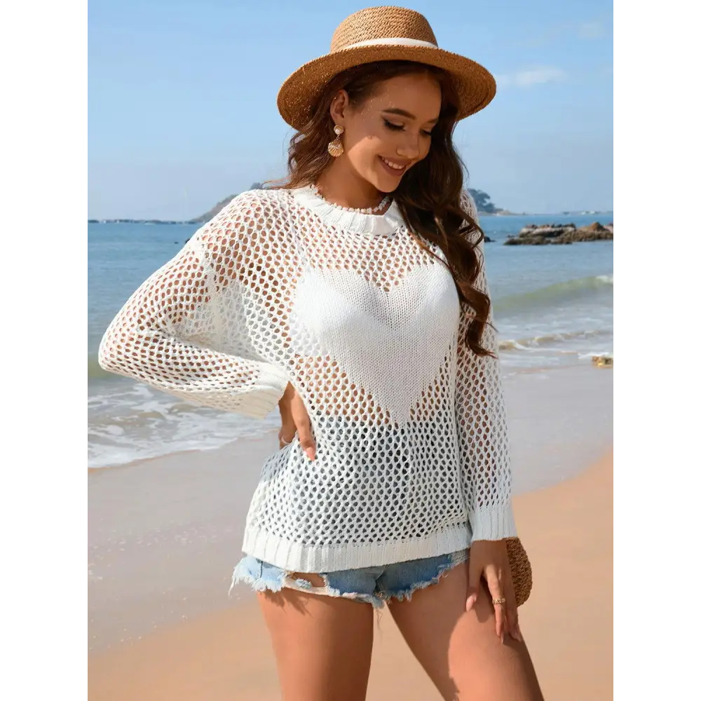 Flirty Heart Openwork Long Sleeve Cover-Up for Beach Glamour