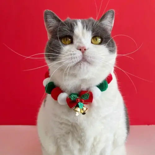 Joyful Christmas Cat Collar with Plush Ball Necklace and Bells