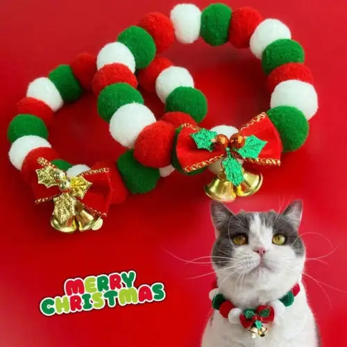 Joyful Christmas Cat Collar with Plush Ball Necklace and Bells