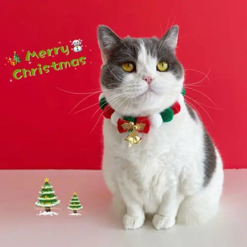 Joyful Christmas Cat Collar with Plush Ball Necklace and Bells