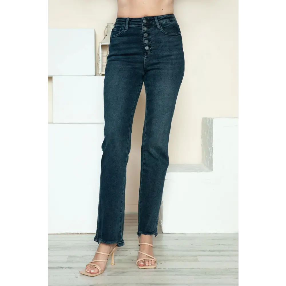 Judy Blue Button Fly Destroy Straight Jeans Edgy Classic Style