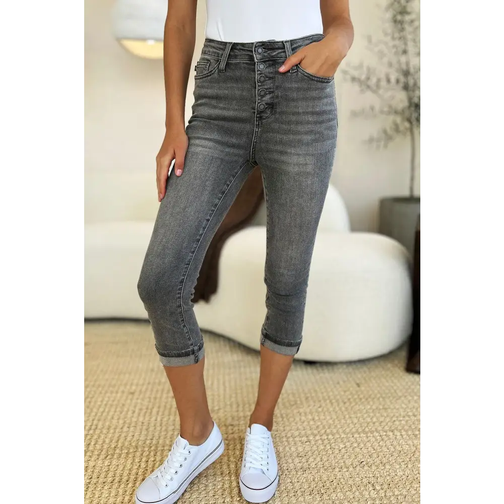 Stylish Button Fly High Waist Cuffed Capris for Summer Comfort