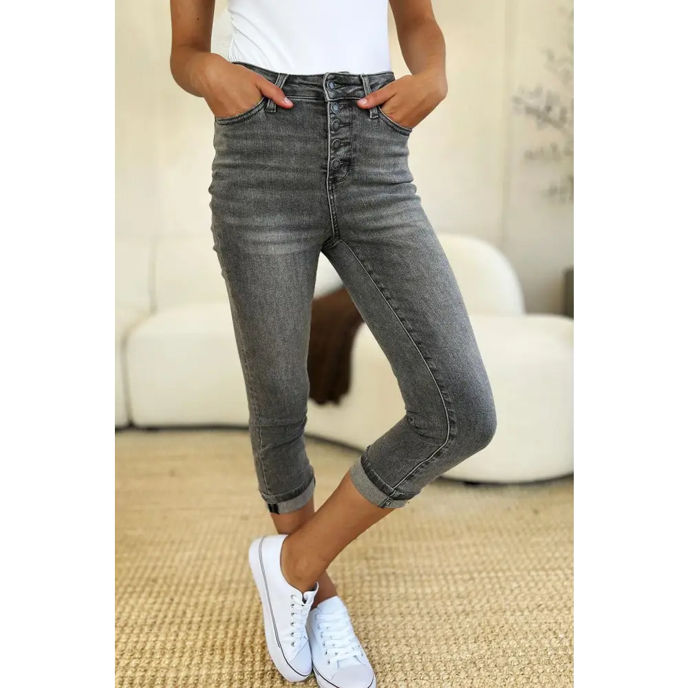 Stylish Button Fly High Waist Cuffed Capris for Summer Comfort