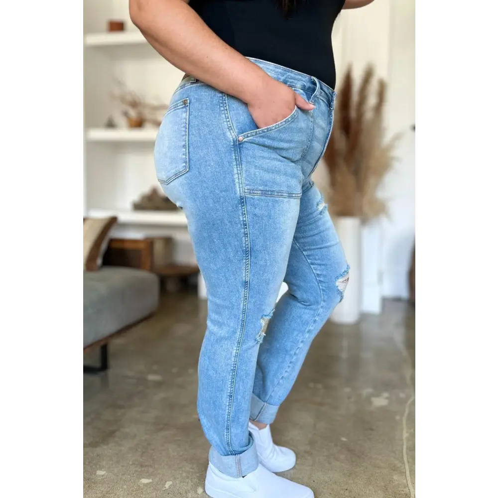 Judy Blue Distressed Straight Jeans with Trendy Patch Pockets