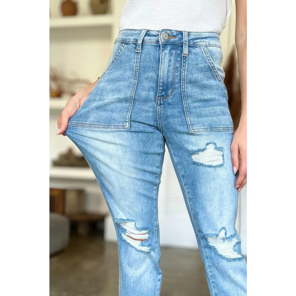 Judy Blue Distressed Straight Jeans with Trendy Patch Pockets