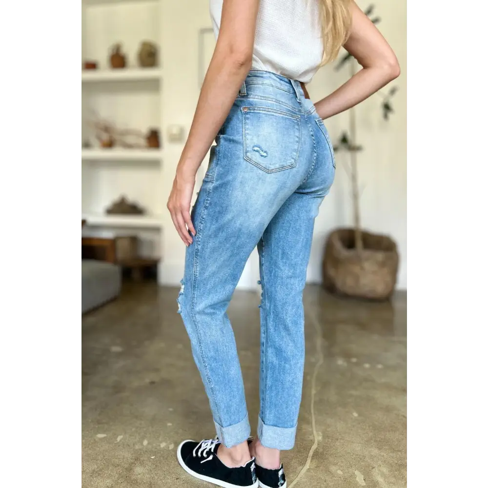 Judy Blue Distressed Straight Jeans with Trendy Patch Pockets