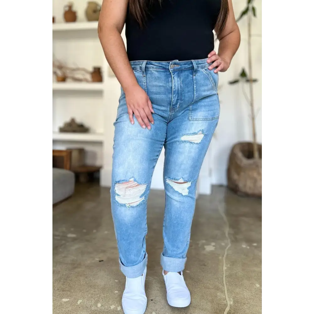 Judy Blue Distressed Straight Jeans with Trendy Patch Pockets