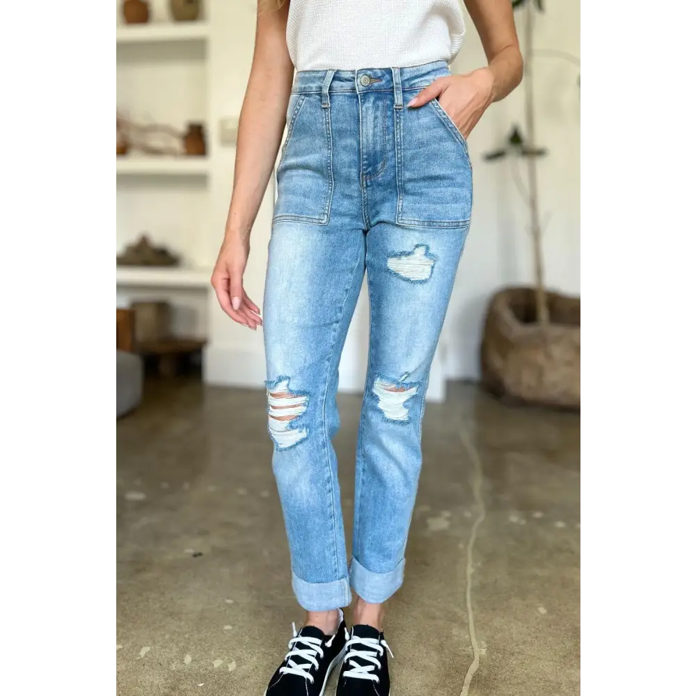 Judy Blue Distressed Straight Jeans with Trendy Patch Pockets