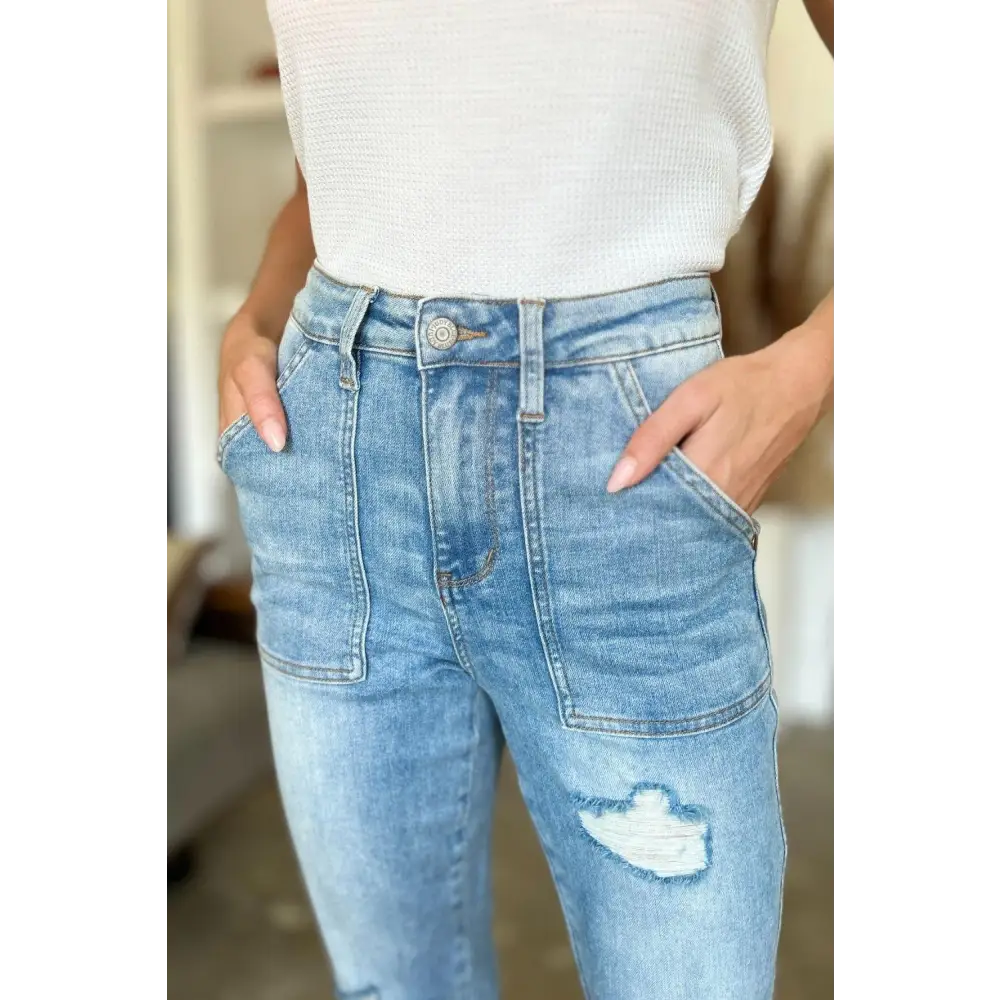 Judy Blue Distressed Straight Jeans with Trendy Patch Pockets