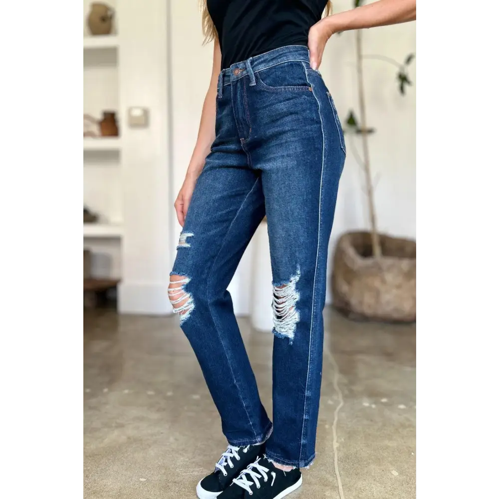 Judy Blue High Waist Rigid Magic Heavy Destroy Straight Jeans