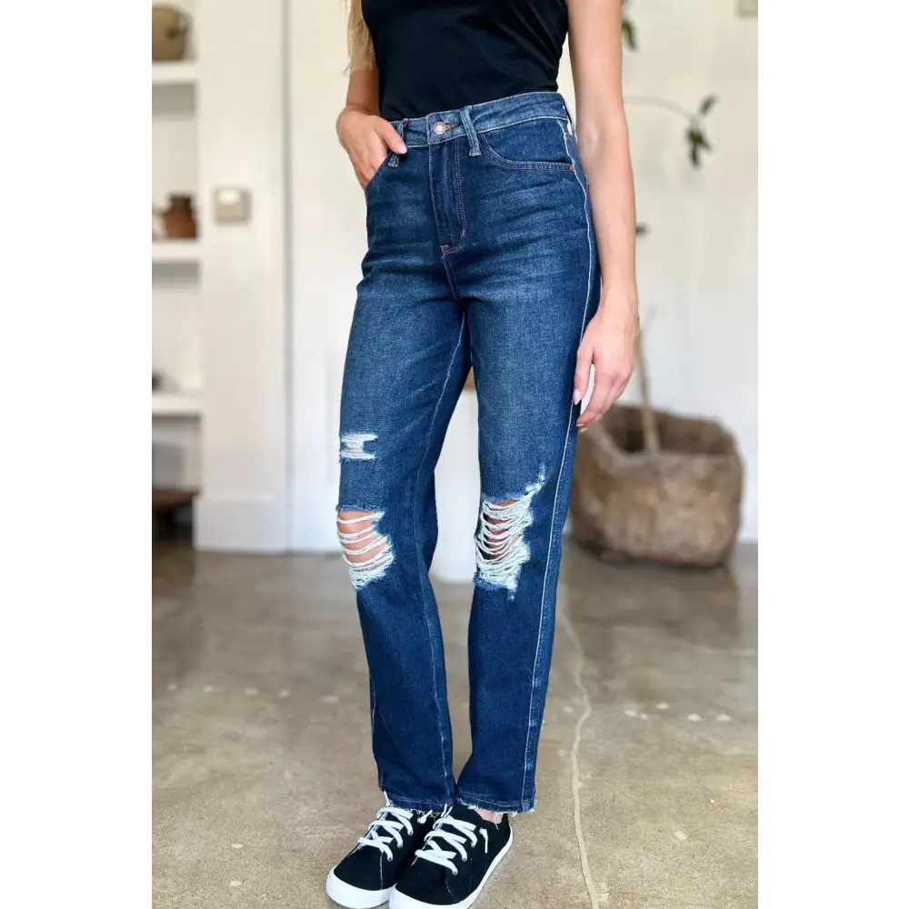 Judy Blue High Waist Rigid Magic Heavy Destroy Straight Jeans