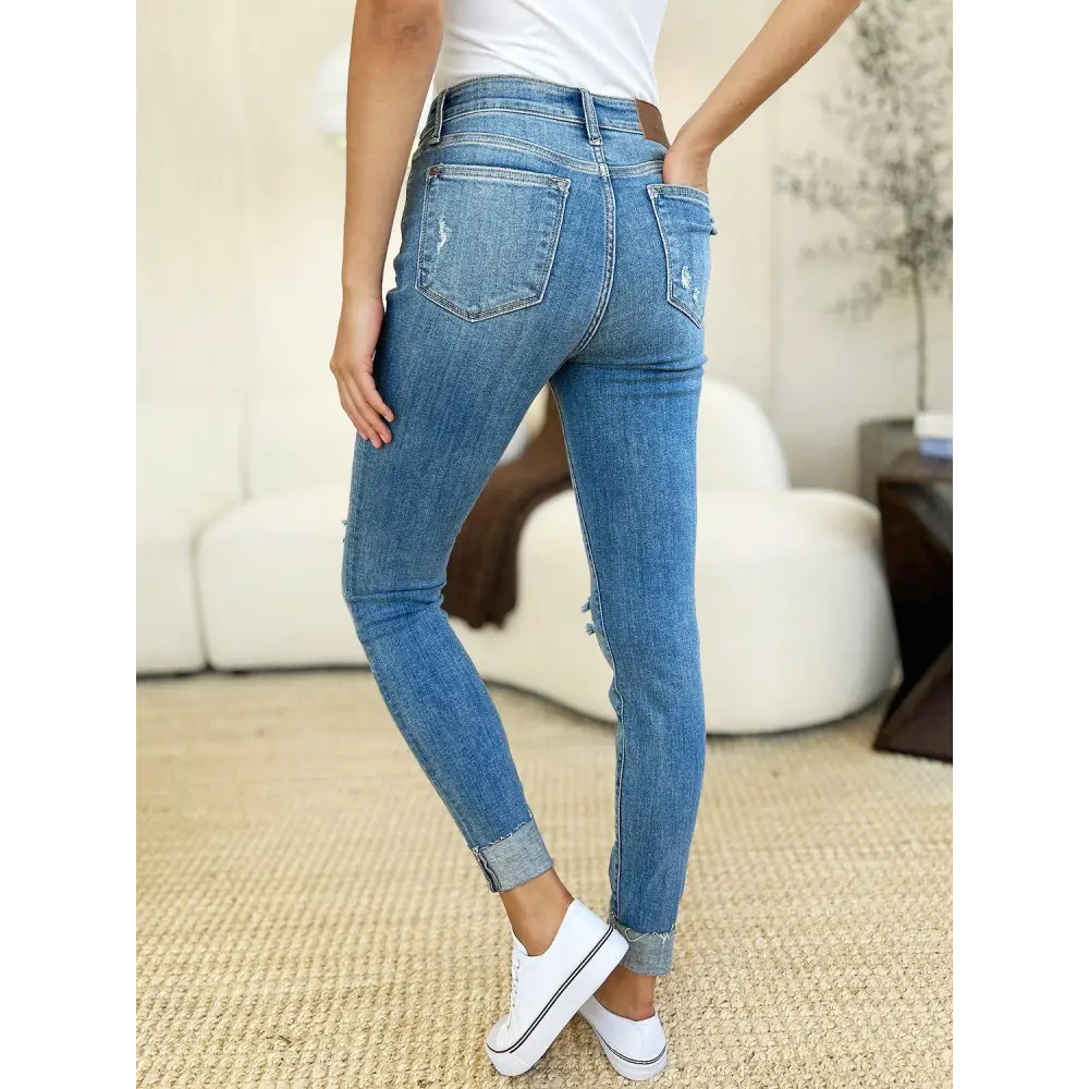 Judy Blue Mid Rise Destroy Cuff Skinny Jeans Rock Your Style