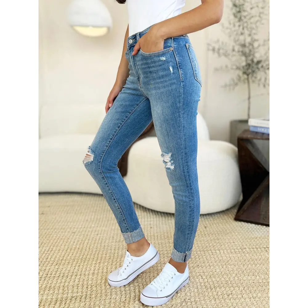 Judy Blue Mid Rise Destroy Cuff Skinny Jeans Rock Your Style