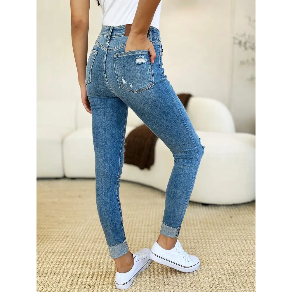 Judy Blue Mid Rise Destroy Cuff Skinny Jeans Rock Your Style